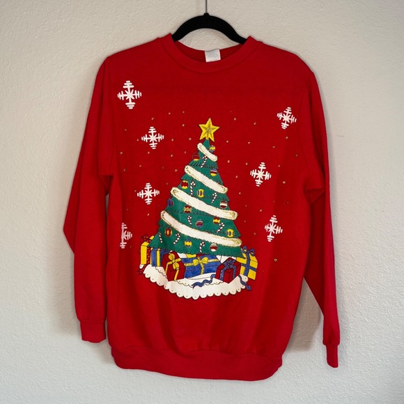 The Unbranded Brand Sweaters - Vintage Medium Christmas Tree Sweatshirt Puffy Paint Red Holiday Festive‎ Party